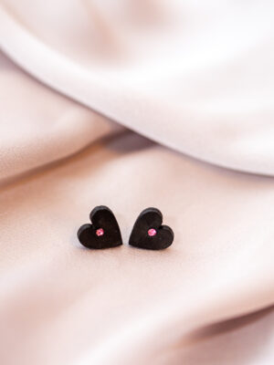 Kõrvarõngad ˙Südamed˙- must, roosa kristalliga, puidust (12x12mm)