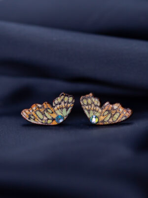 Kõrvarõngad ˙Liblika tiivad˙ - kollane/oranz, kristall, puidust (19×11 mm)