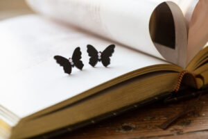 Kõrvarõngad ˙Liblikas˙ - must matt, roosa ja helesinine kristall, puidust (19×25 mm)