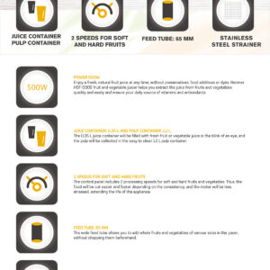 Mahlapress Heinner HSF-500S – 500 W võimsus, roostevaba filtrisõel ja 2 töökiirust. Kompaktne ja tõhus lahendus värske mahla igapäevaseks valmistamiseks.