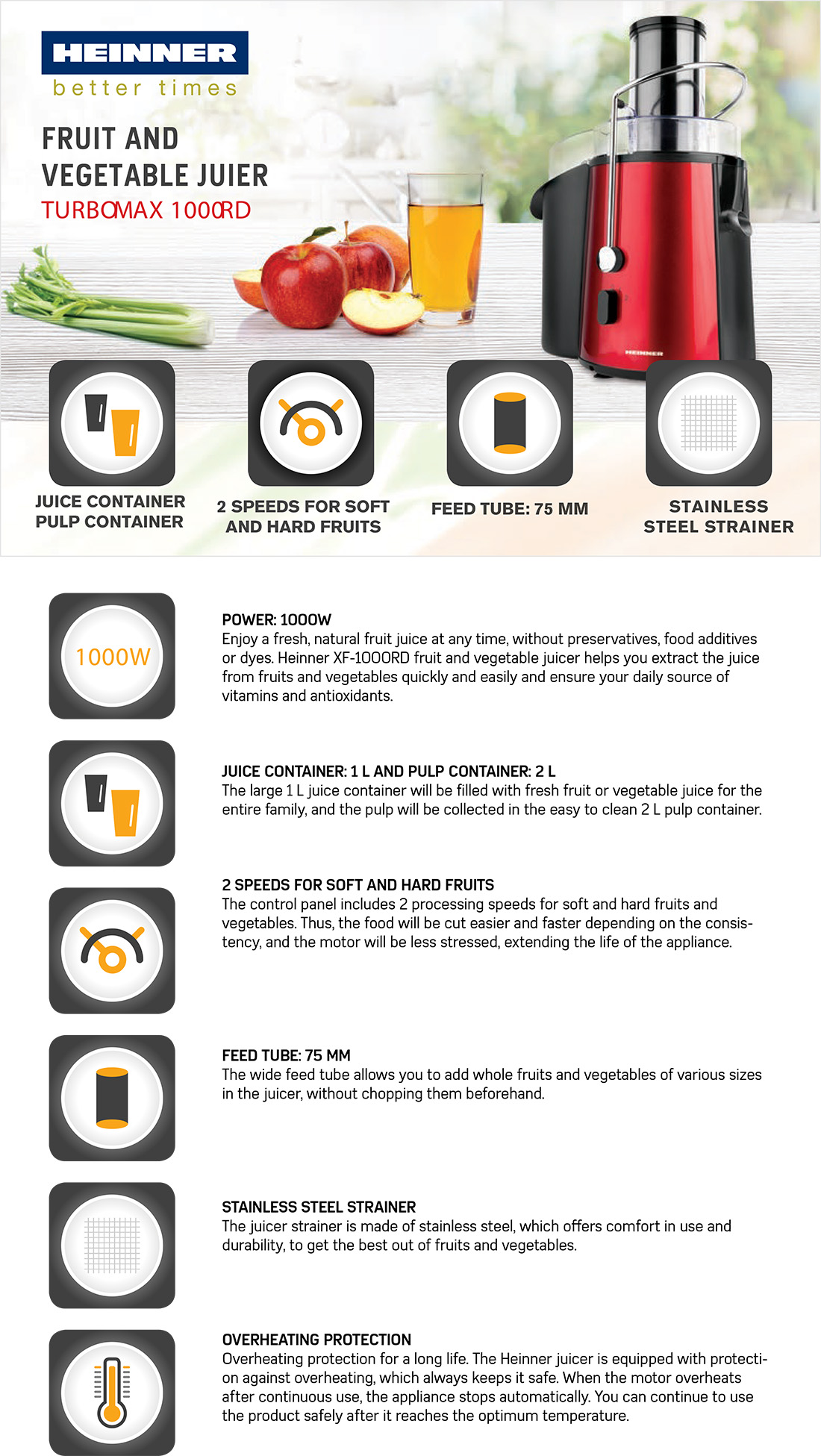 Documentare Heinner XF-1000RD Mahlapress Heinner XF-1000RD, 1000 W, punane