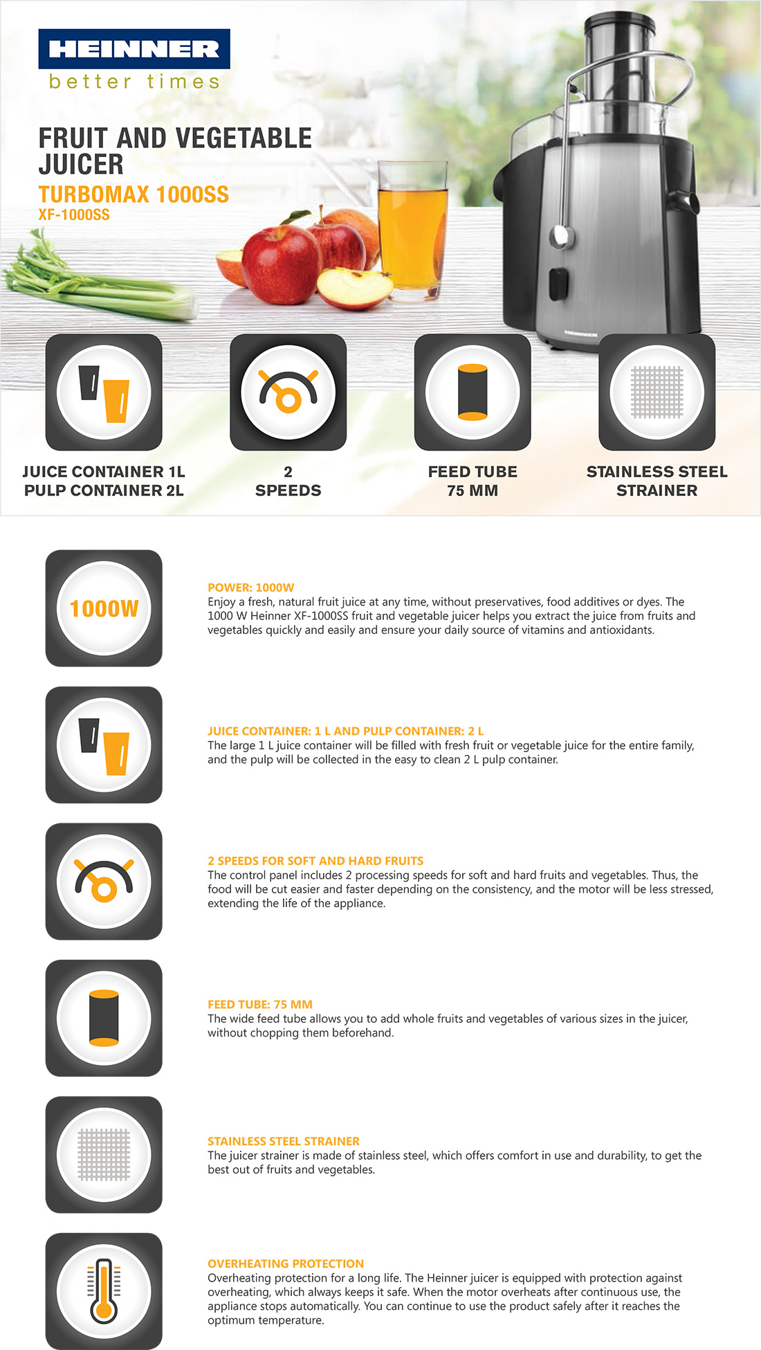 Mahlapress Heinner XF-1000SS, 1000 W, roostevaba teras 1 Mahlapress Heinner XF-1000SS, 1000 W, roostevaba teras