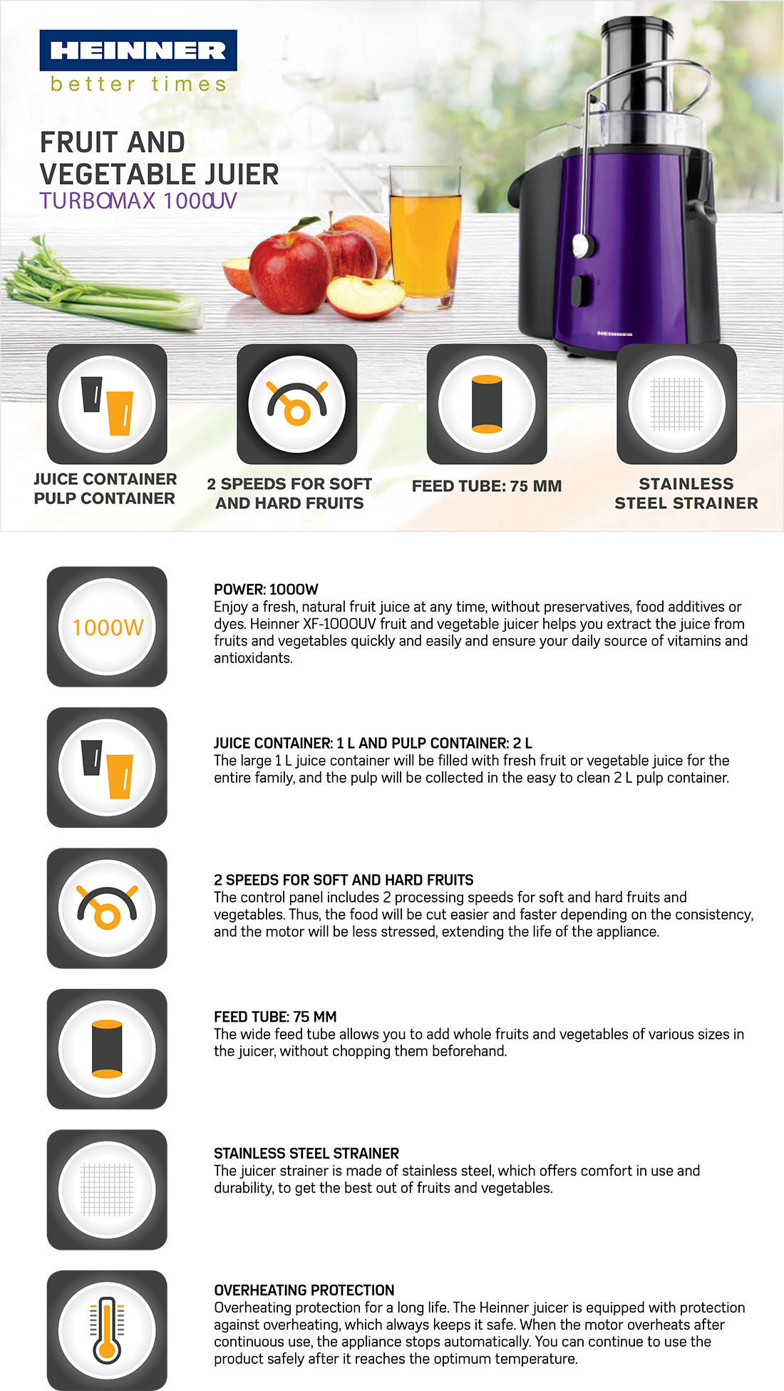 Mahlapress Heinner XF-1000UV, 1000 W, roostevaba teras Mahlapress Heinner XF-1000UV, 1000 W, roostevaba teras