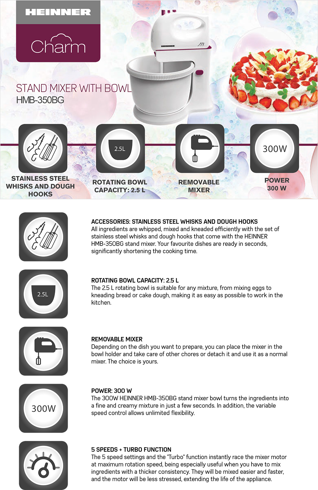 Mikser kausiga 300W, 2.5L HMB-350BG HEINNER Mikser kausiga 300W, 2.5L HMB-350BG HEINNER