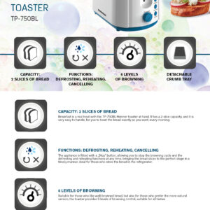 Röster HEINNER TP-750BL – 750W, 2 viilu, valge-sinine