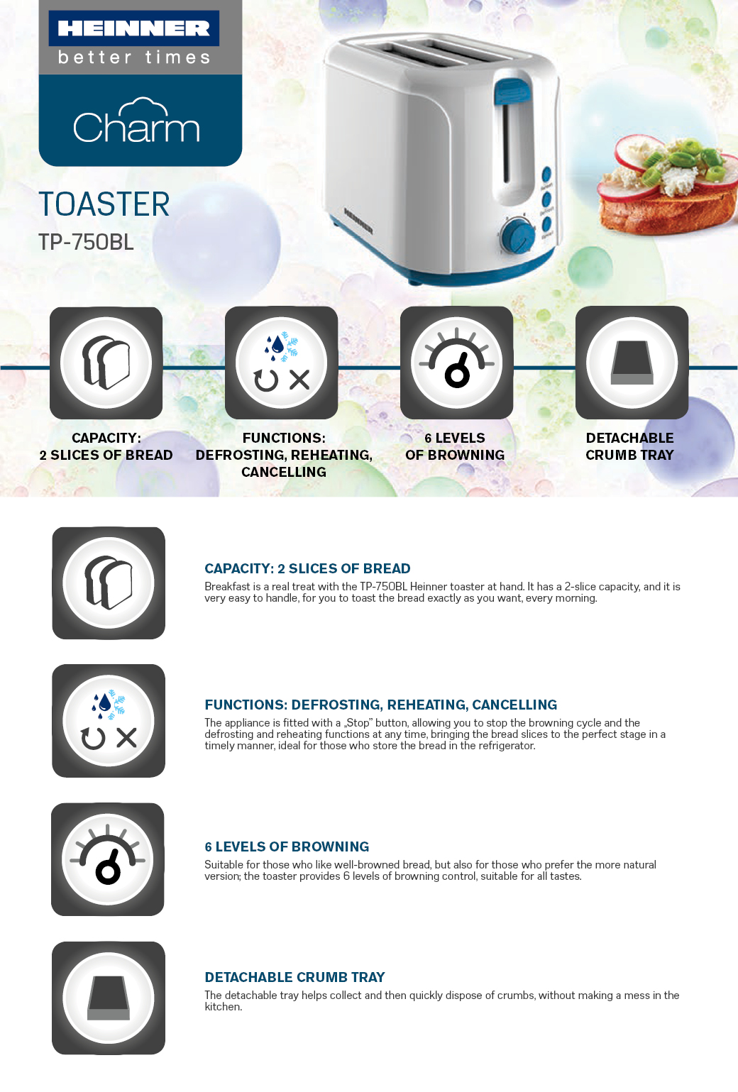 Röster HEINNER TP-750BL – 750W, 2 viilu, valge-sinine Röster HEINNER TP-750BL – 750W, 2 viilu, valge-sinine