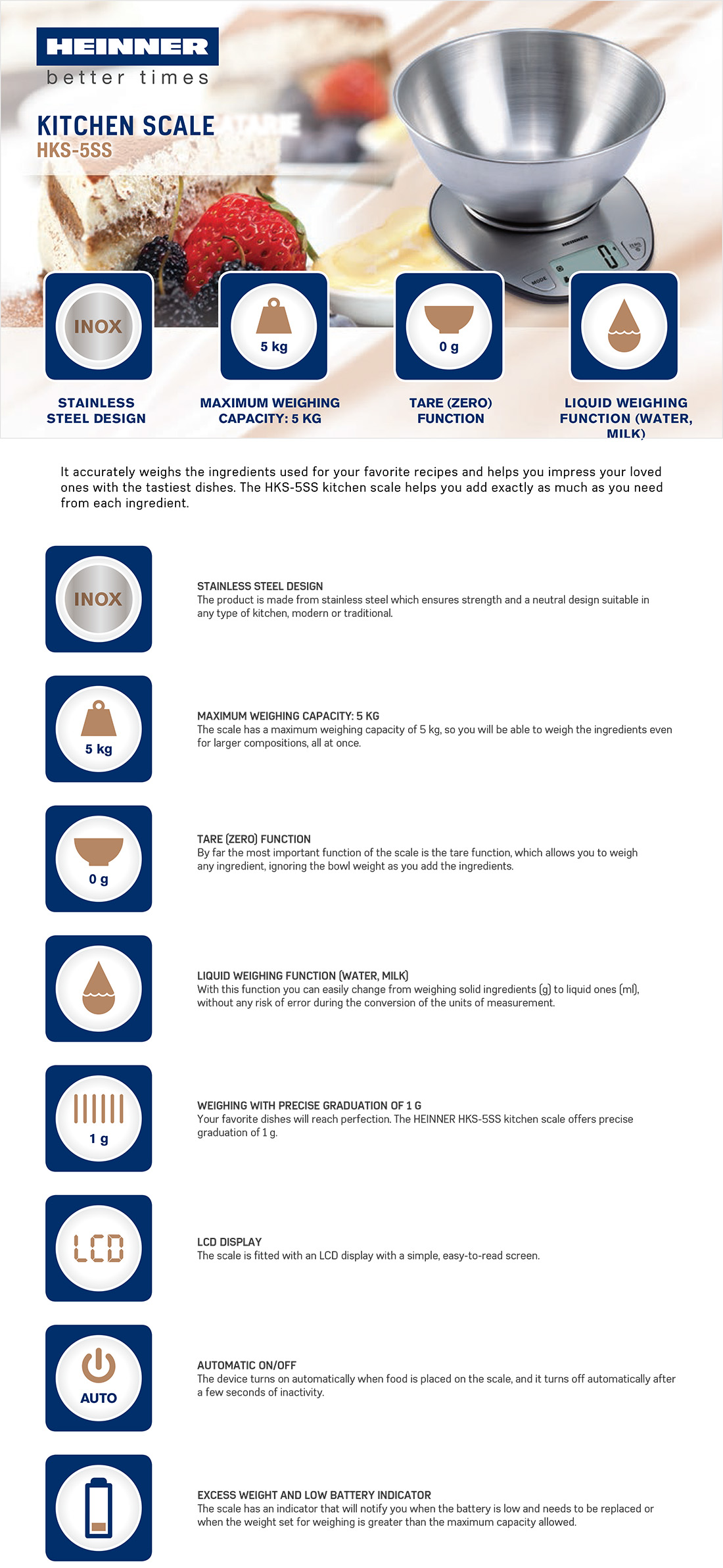 Köögikaal HKS-5SS HEINNER – roostevabast terasest, 5 kg Köögikaal HKS-5SS HEINNER – roostevabast terasest, 5 kg
