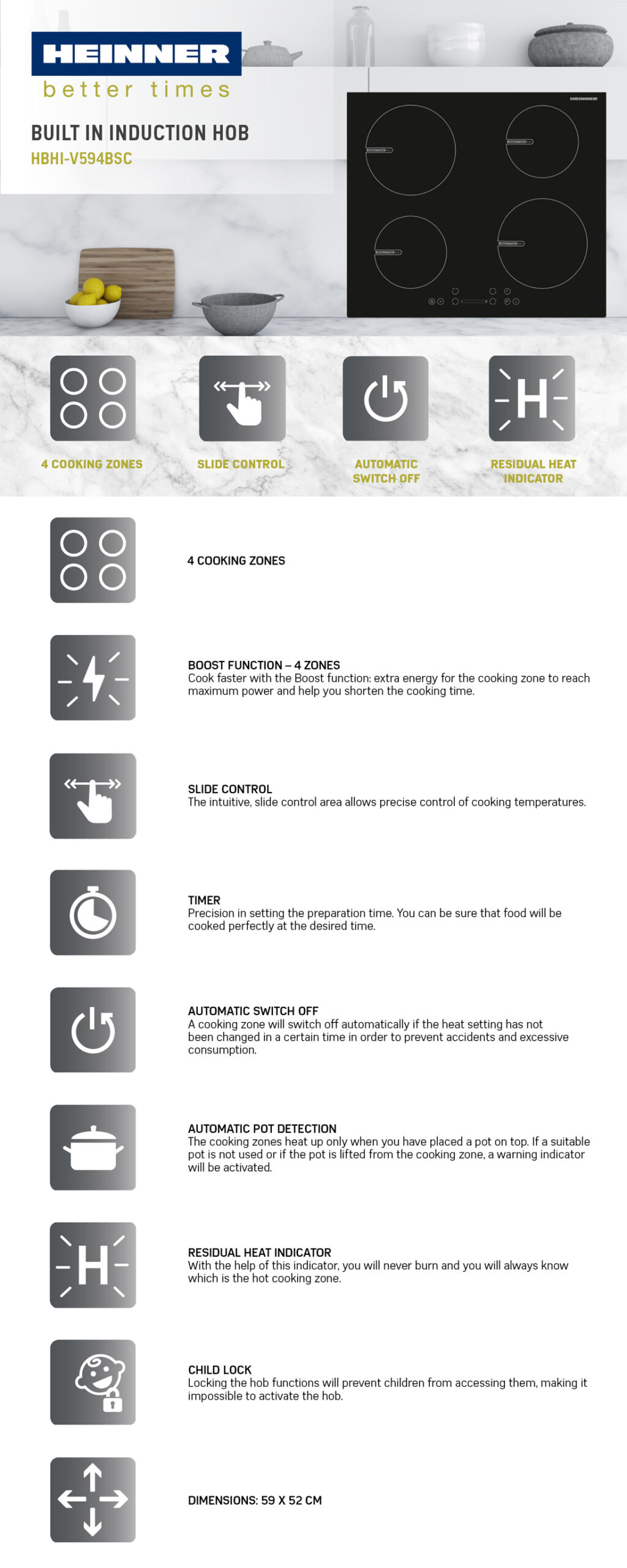 Integreeritav induktsioonpliidiplaat Heinner HBHI-V594BSC – 7400W, 4 tsooni, Slider Control Integreeritav induktsioonpliidiplaat Heinner HBHI-V594BSC – 7400W, 4 tsooni, Slider Control