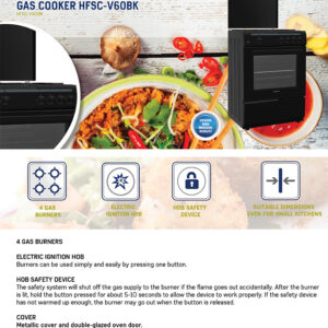 Gaasipliit Heinner HFSC-V60BK – 60×60 cm, 4 gaasipõletit, topeltklaasiga ahjuuks