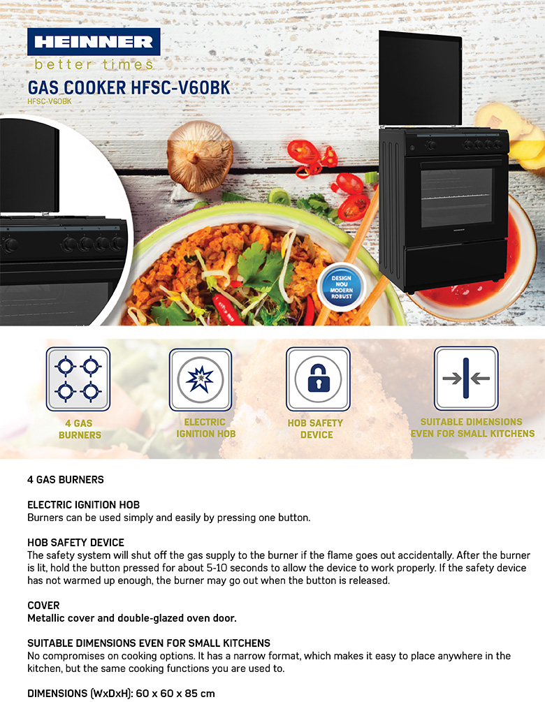 Gaasipliit Heinner HFSC-V60BK – 60×60 cm, 4 gaasipõletit, topeltklaasiga ahjuuks Gaasipliit Heinner HFSC-V60BK – 60×60 cm, 4 gaasipõletit, topeltklaasiga ahjuuks