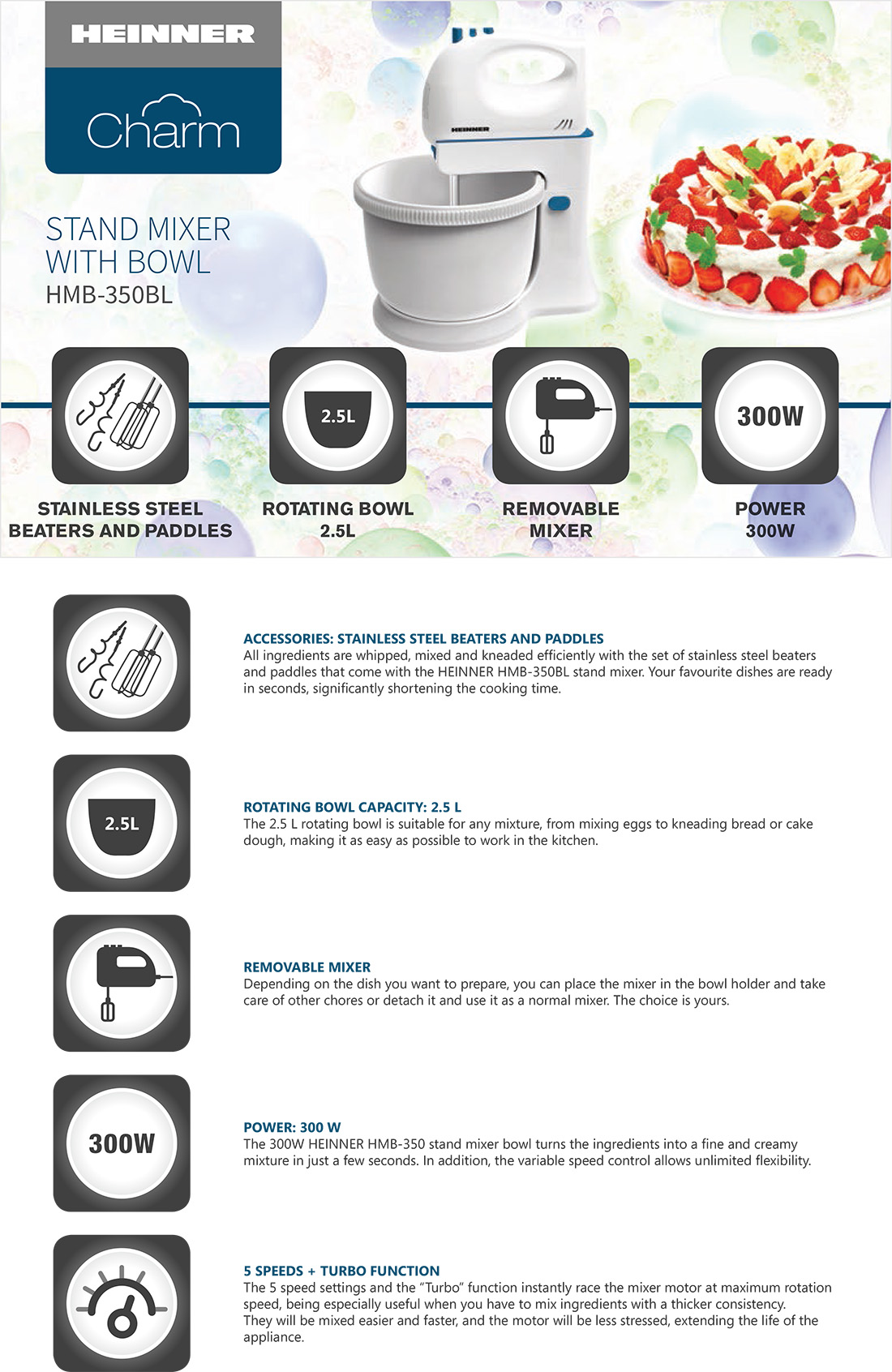 Mikser kausiga Heinner HMB-350BL – 300 W, 2,5 L, 5 kiirust + Turbo Mikser kausiga Heinner HMB-350BL – 300 W, 2,5 L, 5 kiirust + Turbo