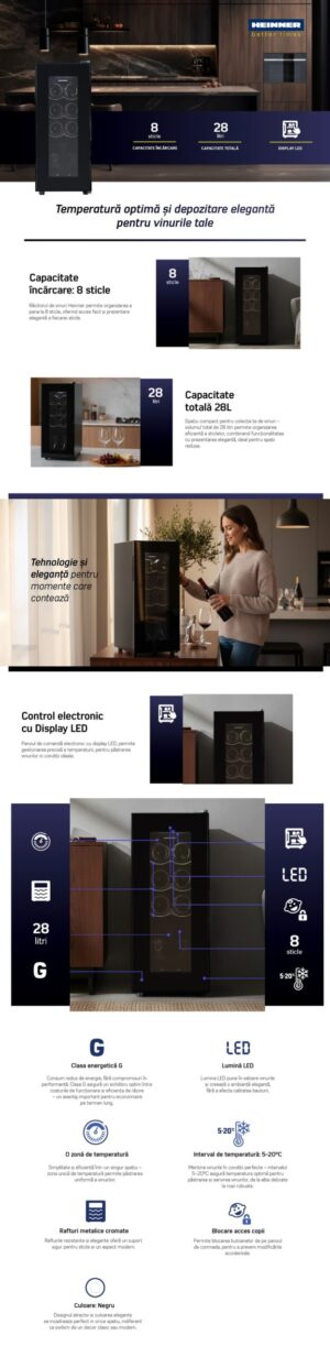 Veinikülmik Heinner HRV-A28DRM8 – 8 pudelit, 28 l, must